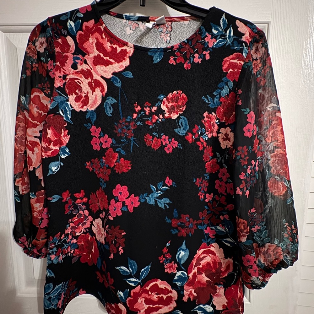 Elle Black Blouse with Red and Blue Floral Design,‎ size S